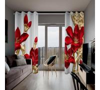 Lot de 2 rideaux occultants à motif floral rouge et doré de 213,4 cm de long, 106,7 x 213,4 cm, imprimé 3D, motif floral rouge et doré, rideaux de fenêtre occultants à isolation thermique pour chambre