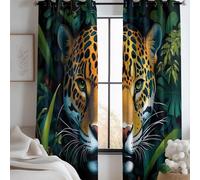 Lot de 2 Rideaux Occultants - Enfants Visage de Jaguar - Rideau Design Plantes de la Jungle Vert - Rideaux à Oeillets Isolation Thermique pour Salon Décoration 140 x 160 cm (L x H)