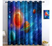 Lot de 2 Rideaux Occultants Isolant Thermique Anti Froid pour Enfant Bleu Foncé 140L X 245H cm Rideaux à Oeillets Les Imprimés Magnifique Univers Soleil Planètes, pour Salon Chambre Fenêtre