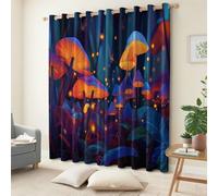 Lot de 2 Rideaux Occultants Isolants Thermiques en Polyester avec Oeillets 150 x 166 cm Fantastique Forêt Magique Champignon Luciole Phonique Rideau pour Salon Décoration Bedroom Chambre, Multicolore
