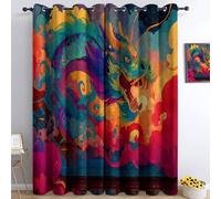 Lot de 2 Rideaux Occultants Thermiques Isolants Anti-Froid à Œillets - Motif Dessin Animé Style Chinois Architecture Dragon 140L X 225H cm, Rideaux Thermiques pour Chambre et Salon Rouge