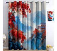 Lot de 2 Rideaux Occultants Thermiques Isolants Anti-Froid à Œillets - Motif Style Chinois Plantes Montagnes Architecture 140L X 245H cm, Rideaux Thermiques pour Chambre et Salon Bleu Marine