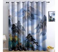 Lot de 2 Rideaux Occultants Thermiques Isolants Anti-Froid à Œillets - Motif Tradition Architecture Montagnes Plantes 140L x 180H cm, Rideaux Thermiques pour Chambre et Salon Gris