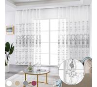 lot de 2 rideaux Rideau semi-transparent Œillets, Rideau Tulle broderie aspect lin Fleurs Salon Chambre Restaurant, L140xH215cm gris