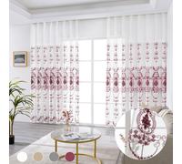 lot de 2 rideaux Rideau semi-transparent Oeillets, Rideau Tulle Broderie Aspect lin Fleurs Salon Chambre Restaurant, L140xH215cm Rouge Bordeaux