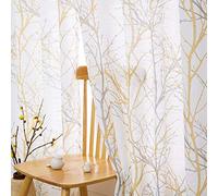 Lot de 2 Rideaux Semi-Transparents à œillets pour Bureau/Salon - Filtrage de la lumière - Respirants - Branches d'arbre Jaunes et Grises sur Lin Blanc texturé pour Bureau - 127 cm de Large