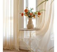 Lot de 2 rideaux semi-transparents en crochet de style campagnard avec pompons brodés avec passe-tringle pour chambre à coucher et salon Beige 150 x 200 cm