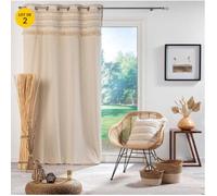 Lot de 2 Rideaux Tamisants à Œillets 140 x 240 cm - 100 % Coton Uni + Top Tissé à Franges - Atlas Naturel