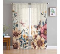 Lot de 2 Rideaux Transparents rustiques à Motif Floral pour Salon, Style Vintage, Fleurs, Papillon, Libellule pour Chambre à Coucher, filtrage de la lumière et Protection de l'intimité, Traitement de