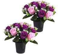 Lot de 2 roses artificielles en pot - 12 roses artificielles pour funérailles - Décoration de Noël