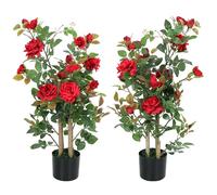 Lot de 2 rosiers artificiels HOMCOM de 90 cm, plante décorative artificielle avec 344 feuilles en soie et 17 fleurs, arbre artificiel résistant aux UV pour la décoration d'intérieur et d'extérieur,