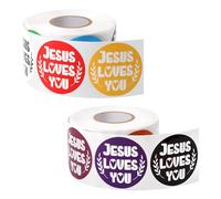 Lot de 2 rouleaux de 1 000 autocollants Jésus Loves You - 3,8 cm - 16 couleurs - Imperméables - Thème religieux - Autocollants à thème religieux - Décalcomanie positive - Idéal pour récompenses