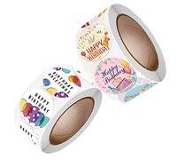 Lot de 2 rouleaux de 1 000 feuilles d'autocollants pour anniversaire - Autocollants colorés pour emballage cadeau