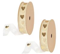 Lot de 2 rouleaux de ruban de satin imprimé cœur doré pour artisanat, emballage cadeau, fleurs, fête de mariage, bijoux de mariée (1,5 cm x 9 m)