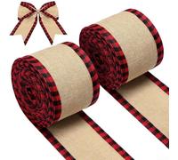 Lot de 2 rouleaux de rubans de Noël à bords métalliques avec tissu en toile de jute pour emballage de vacances et projets d'artisanat saisonniers (rouge)