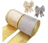 Lot de 2 rouleaux de rubans de Noël en velours doré et argenté avec bordure dorée, rubans en velours pour emballage de Noël, travaux manuels, décoration de festival de Noël