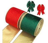 Lot de 2 rouleaux de rubans de Noël en velours rouge et vert avec bordure dorée, pour emballage de Noël, loisirs créatifs, décoration de festival de Noël d'hiver