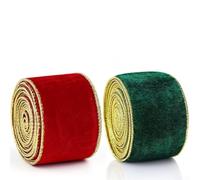 Lot de 2 rubans en tissu floqué à bords dorés pour décoration de sapin de Noël et travaux manuels de vacances