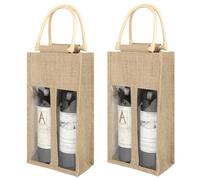 Lot de 2 sacs à bouteilles de vin en toile de jute : 17 x 10 x 33 cm Sac de transport de vin 4 bouteilles avec fenêtre de visualisation, sac à bouteille réutilisable naturel, sac à vin avec poignées
