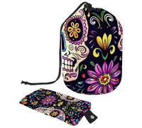 Lot de 2 sacs à cosmétiques de voyage grande capacité souples et étanches avec cordon de serrage - Motif floral, Art Day of the Dead Sugar Skull Floral, 9.9x6.9in/25.2x17.6cm;6x3.5in/15.2x8.8cm,