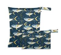 Lot de 2 sacs à langer résistants aux dégâts avec poignées pour le bain, la plage (thon à nageoires jaunes et poissons, bleu marine)