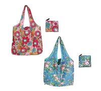 Lot de 2 sacs à provisions réutilisables, respectueux de l'environnement, sac à main floral, sac de transport pliable, adapté pour le shopping, le shopping, le travail (rose, bleu)