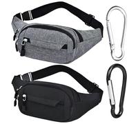 Lot de 2 sacs banane de sport, 2 mousquetons, sacs banane multi-poches, sacs de hanche réglables avec boucles, sac pour téléphone portable, convient pour le sport et l'extérieur, Noir , Taille unique,