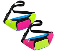 Lot de 2 sacs banane fluo des années 80 et 90 avec 2 poches et sangle | Tissu Oxford, sangle de taille réglable, plusieurs styles de port, festivals, voyages, sports, transport quotidien