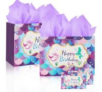 Lot de 2 sacs cadeaux d'anniversaire violets de taille moyenne avec 3 feuilles de papier de soie et 1 carte de vœux pour enfants, filles et femmes, motif sirène avec poignées, 30 x 12 x 22 cm