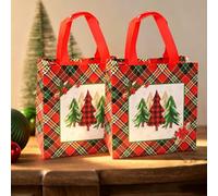 Lot de 2 sacs cadeaux de Noël en non-tissé à carreaux Rouge | 4 styles de sacs d'épicerie réutilisables Rouge Joyeux Noël Fournitures de fête, 23 x 22 x 11 cm
