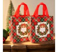 Lot de 2 sacs cadeaux de Noël en non-tissé à carreaux Rouge | 4 styles de sacs d'épicerie réutilisables Rouge Joyeux Noël Fournitures de fête, 23 x 22 x 11 cm