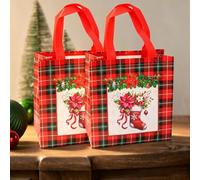 Lot de 2 sacs cadeaux de Noël en non-tissé à carreaux Rouge | 4 styles de sacs d'épicerie réutilisables Rouge Joyeux Noël Fournitures de fête, 23 x 22 x 11 cm