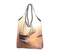 Lot de 2 sacs de courses pliables réutilisables lavables et légers | Sac fourre-tout de grande capacité avec motif bateau à voile blanc au coucher du soleil