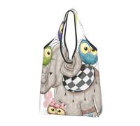 Lot de 2 sacs de courses pliables réutilisables lavables et légers | Sac fourre-tout de grande capacité imprimé éléphant et hiboux de dessin animé pour supermarché voyage