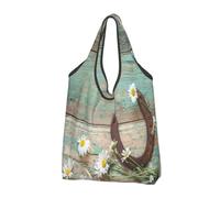 Lot de 2 sacs de courses pliables réutilisables lavables et légers | Sac fourre-tout rustique en bois imprimé fer à cheval grande capacité pour supermarché voyage stockage