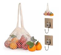 Lot de 2 sacs de courses réutilisables en maille de coton avec 2 crochets - Sacs fourre-tout pour légumes, fruits, produits de base, sorties, voyages, Beige/doré, Contemporain