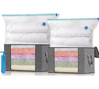 Lot de 2 Sacs de Rangement Sous Vide avec Pompe et 2 Coffres de Rangement en Tissu, Housse de Rangement Sous Vide Vêtement Aspirateur Grande Capacité XXL pour Duvet Couette Oreillers