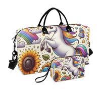 Lot de 2 sacs de sport avec motif licornes et tournesols blancs avec trousse de toilette pour voyages d'affaires, Dessin animé licorne blanche tournesol, 1 size