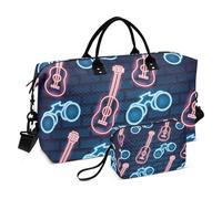 Lot de 2 sacs de voyage avec trousse de toilette Motif guitare fluorescente Rouge, Guitare rouge fluo, 1 size