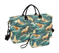 Lot de 2 sacs de voyage décoratifs à l'épaule Motif chiens de mer japonais et vagues Avec trousse de toilette pour randonnée