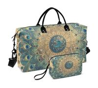 Lot de 2 sacs de voyage décoratifs rétro vintage victorien avec plumes de paon bleu vert avec trousse de toilette pour voyage en avion Bolsa de Mano para ropa de