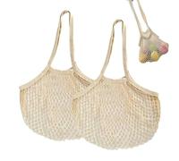 Lot de 2 sacs en maille de coton bio avec double poignée - Sac à fruits et légumes réutilisables | Filet de courses pliable avec poignée longue/courte, durable et robuste (beige)