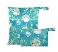 Lot de 2 sacs lavables pour maillots de bain avec poignées pour le yoga - Motif poissons - Bleu clair