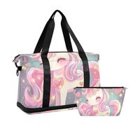 Lot de 2 sacs polochons de voyage avec sangle réglable Motif licornes scintillantes étoiles, Licornes colorées mignonnes de dessins animés scintillants étoiles, 1 size