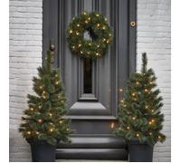 Lot de 2 sapins de Noël Glendon + 1 couronne - LED - Fonctionnant à pile - PVC - H 90 x Ø 45 cm - Vert givré