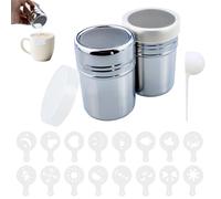 Lot de 2 saupoudreurs en acier inoxydable avec couvercle pour moulin à sucre en poudre, saupoudreur de cacao, cappuccino, saupoudreuse à sucre en poudre, passoire à sucre en poudre, avec 16 moules en