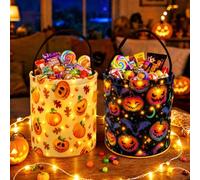 Lot de 2 Seau à Bonbons d'Halloween Avec Lumière LED, Ensemble de Seaux à Bonbons avec Chauve-souris et Citrouille pour Halloween, Sacs à Citrouille lumineux pour Cadeaux de Fête