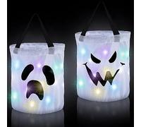 Lot de 2 Seaux de Stockage de Bonbons Lumineux, Seau Halloween Trick or Treat avec Visage Souriant de Citrouille, Lumière LED, Sacs de Bonbons D'Halloween, Seau Réutilisable Multi-usages pour(2B)