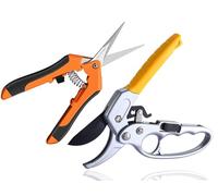 Lot de 2 sécateurs de jardin polyvalents à cliquet, sécateur avec interrupteur marche/arrêt du cliquet + sécateur à roses, sécateur à enclume, branches ligneuses, épaisseur de coupe jusqu'à 24 mm