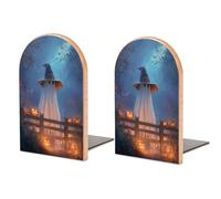 Lot de 2 serre-livres en bois avec fantôme d'Halloween perché derrière une clôture en bois robuste pour la maison, le bureau, les bibliothèques